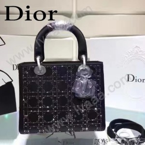 DIOR M44500-3 名媛必備單品五格黑色原版布料燙鑽手提單肩包戴妃包