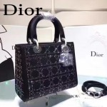 DIOR M44500-3 名媛必備單品五格黑色原版布料燙鑽手提單肩包戴妃包