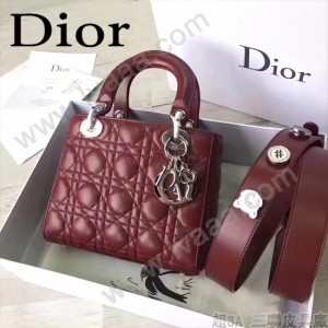 DIOR-0020-9 最新設計LADY四格棗紅色原版羊皮配三個徽章手提單肩包戴妃包
