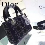 DIOR M44501-2 高級定制款黑色原版布料燙鑽迷你手提單肩包戴妃包