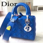 DIOR-0020-10 最新設計LADY四格藍色原版羊皮配三個徽章手提單肩包戴妃包