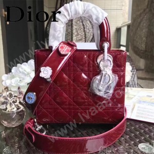 DIOR-0021-2 個性經典新款四格Lucky Badges棗紅色原版漆皮手提單肩包
