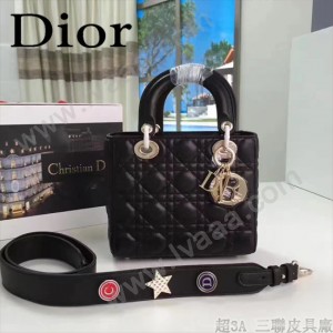 DIOR-0020-4 最新設計LADY四格黑色原版羊皮配三個徽章手提單肩包戴妃包