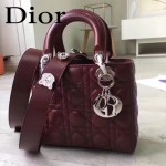 DIOR-0020-9 最新設計LADY四格棗紅色原版羊皮配三個徽章手提單肩包戴妃包