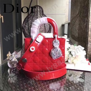 DIOR-0021-3 個性經典新款四格Lucky Badges紅色原版漆皮手提單肩包