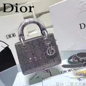 DIOR M44501 高級定制款銀灰色原版布料燙鑽迷你手提單肩包戴妃包