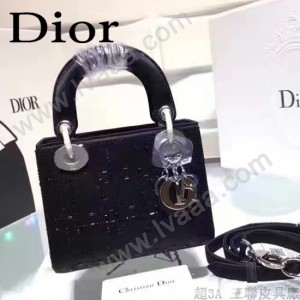 DIOR M44501-3 高級定制款黑色原版布料燙鑽迷你手提單肩包戴妃包
