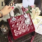 DIOR-0021-2 個性經典新款四格Lucky Badges棗紅色原版漆皮手提單肩包