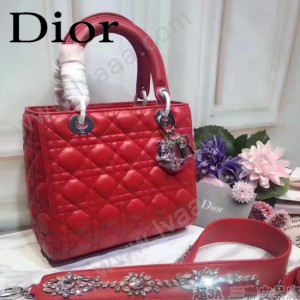 DIOR-0014-2 早春專櫃新款lady紅色原版小羊皮手提單肩包戴妃包