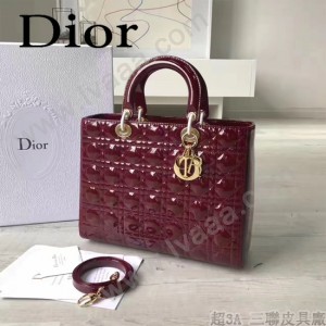DIOR-007-4 人氣經典款女士七格棗紅色原版漆皮金扣手提單肩包戴妃包