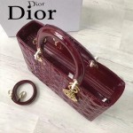 DIOR-007-4 人氣經典款女士七格棗紅色原版漆皮金扣手提單肩包戴妃包