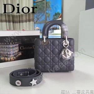 DIOR-0020 最新設計LADY四格灰色原版羊皮配三個徽章手提單肩包戴妃包