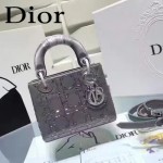 DIOR M44501 高級定制款銀灰色原版布料燙鑽迷你手提單肩包戴妃包