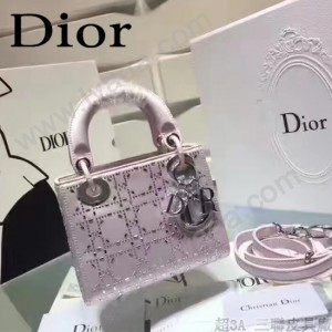DIOR M44501-4 高級定制款粉色原版布料燙鑽迷你手提單肩包戴妃包