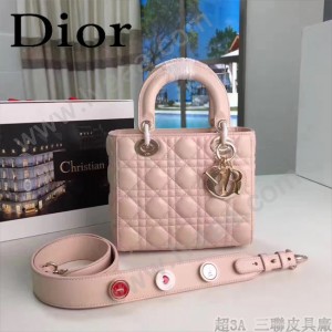 DIOR-0020-3 最新設計LADY四格粉色原版羊皮配三個徽章手提單肩包戴妃包