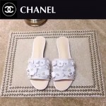 CHANEL鞋子-001-2 香奈兒經典款白色羊皮珍珠花朵平底拖鞋一字拖