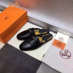 HERMES鞋子-0010-3 愛馬仕春夏新款經典皮扣配原版定制帆布平底拖鞋