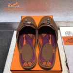 HERMES鞋子-0010 愛馬仕春夏新款經典皮扣配原版定制帆布平底拖鞋