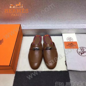 HERMES鞋子-0010 愛馬仕春夏新款經典皮扣配原版定制帆布平底拖鞋