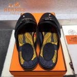 HERMES鞋子-0010-3 愛馬仕春夏新款經典皮扣配原版定制帆布平底拖鞋