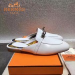 HERMES鞋子-0010-4 愛馬仕春夏新款經典皮扣配原版定制帆布平底拖鞋