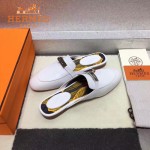 HERMES鞋子-0010-4 愛馬仕春夏新款經典皮扣配原版定制帆布平底拖鞋