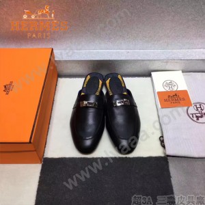 HERMES鞋子-0010-3 愛馬仕春夏新款經典皮扣配原版定制帆布平底拖鞋