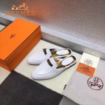 HERMES鞋子-0010-4 愛馬仕春夏新款經典皮扣配原版定制帆布平底拖鞋