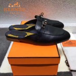 HERMES鞋子-0010-3 愛馬仕春夏新款經典皮扣配原版定制帆布平底拖鞋