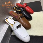 HERMES鞋子-0010-3 愛馬仕春夏新款經典皮扣配原版定制帆布平底拖鞋