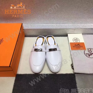 HERMES鞋子-0010-4 愛馬仕春夏新款經典皮扣配原版定制帆布平底拖鞋
