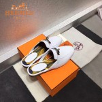 HERMES鞋子-0010-4 愛馬仕春夏新款經典皮扣配原版定制帆布平底拖鞋