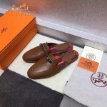 HERMES鞋子-0010 愛馬仕春夏新款經典皮扣配原版定制帆布平底拖鞋