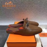 HERMES鞋子-0010 愛馬仕春夏新款經典皮扣配原版定制帆布平底拖鞋