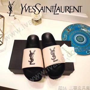 YSL鞋子-002-2 聖羅蘭潮流最新款噴漆LOGO進口混種羊皮露趾拖鞋