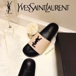 YSL鞋子-002-2 聖羅蘭潮流最新款噴漆LOGO進口混種羊皮露趾拖鞋