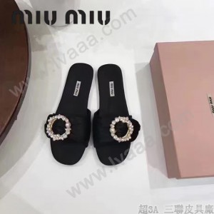 Miu Miu鞋子-002 繆繆專櫃爆款鑲嵌奧地利水鑽綢緞鞋面平底拖鞋