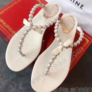 RC鞋子-001-2 專櫃春季最新款原單純手工藝珍珠蝴蝶平底夾趾涼鞋