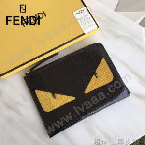 FENDI 0363-17 魅力男士之選小怪獸眼睛鱷魚紋搭配蟒蛇皮休閒手拿包