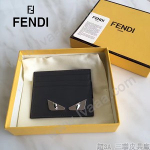 FENDI 0165 時尚新款2JOURS小怪獸眼睛金屬貼片灰色原版牛皮6卡位卡片夾