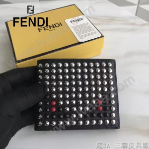 FENDI 0169-19 型男必備SELLERIA小怪獸黑色原版牛皮滿天星鉚釘裝飾短款錢包