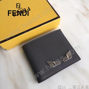 FENDI 0169-22 型男必備SELLERIA小怪獸眼睛貼片灰色原版牛皮短款錢包