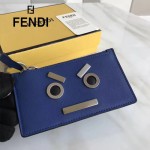 FENDI 0235-SL9-2 小巧纖薄無語表情貼片藍色原版牛皮拉鏈零錢包鑰匙包