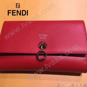 FENDI 0383-4 專櫃最新鉚釘裝飾紅色原版牛皮中長款錢包手拿包