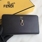 FENDI 0212 專櫃最新鉚釘裝飾黑色原版牛皮長款拉鏈錢包