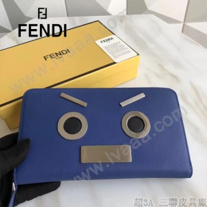 FENDI 0233SL9 商務型男無語表情貼片藍色原版牛皮長款錢包