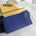 FENDI 0235-SL9-2 小巧纖薄無語表情貼片藍色原版牛皮拉鏈零錢包鑰匙包