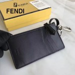FENDI 0235-SL9 小巧纖薄無語表情貼片黑色原版牛皮拉鏈零錢包鑰匙包
