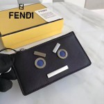 FENDI 0235-SL9 小巧纖薄無語表情貼片黑色原版牛皮拉鏈零錢包鑰匙包