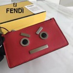 FENDI 0235-SL9-3 小巧纖薄無語表情貼片紅色原版牛皮拉鏈零錢包鑰匙包